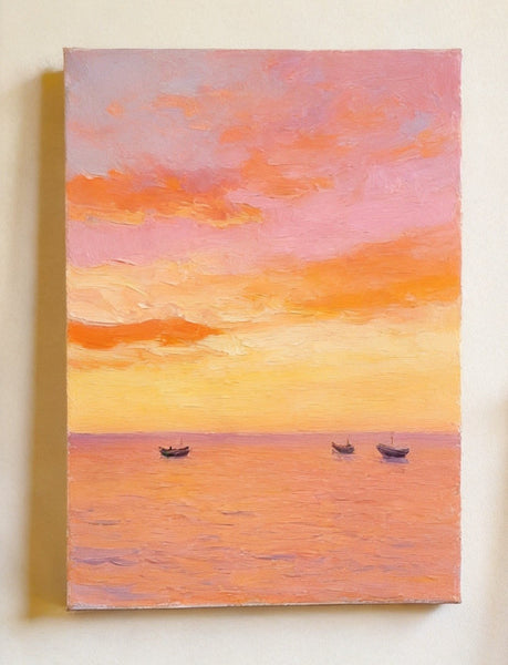 Original Oil Paintings, Hand Painted Canvas Artwork, Sunset Sail on the Horizon, Original Seascape Paintings, Buy Small Paintings Online-Grace Painting Crafts