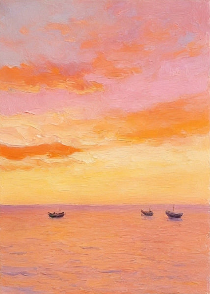 Original Oil Paintings, Hand Painted Canvas Artwork, Sunset Sail on the Horizon, Original Seascape Paintings, Buy Small Paintings Online-Grace Painting Crafts