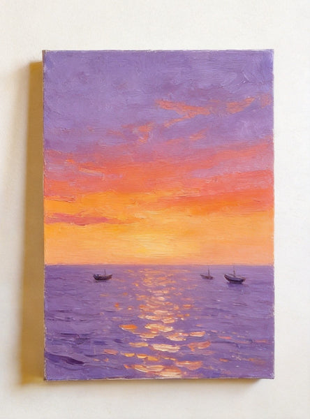 Original Seascape Paintings, Hand Painted Canvas Art, Sunset Sail on the Horizon, Original Oil Paintings, Buy Small Paintings Online, Small Canvas Artwork-Grace Painting Crafts