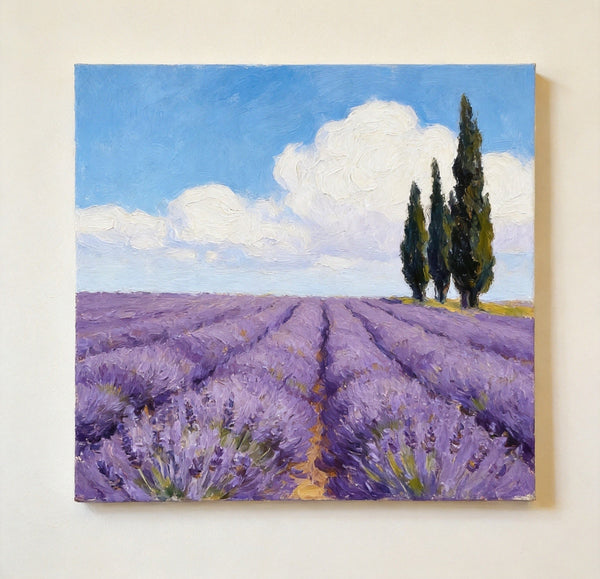 Small Canvas Artwork, Cypress by the Lavender Field, Hand Painted Canvas Art, Original Landscape Paintings, Original Oil Paintings, Buy Small Paintings Online-Grace Painting Crafts