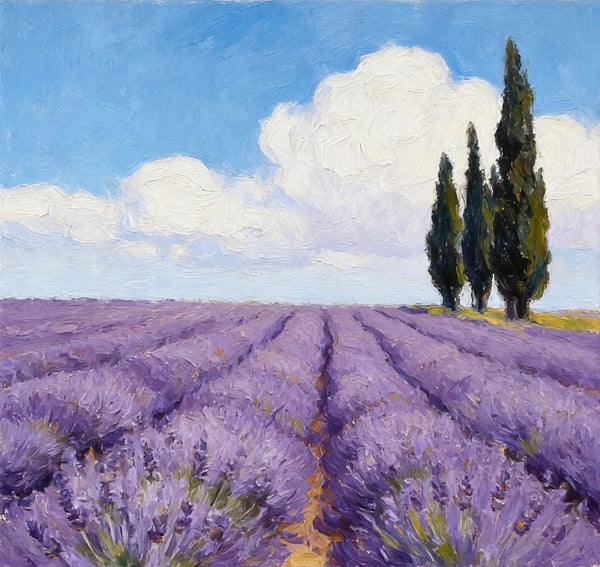 Small Canvas Artwork, Cypress by the Lavender Field, Hand Painted Canvas Art, Original Landscape Paintings, Original Oil Paintings, Buy Small Paintings Online-Grace Painting Crafts