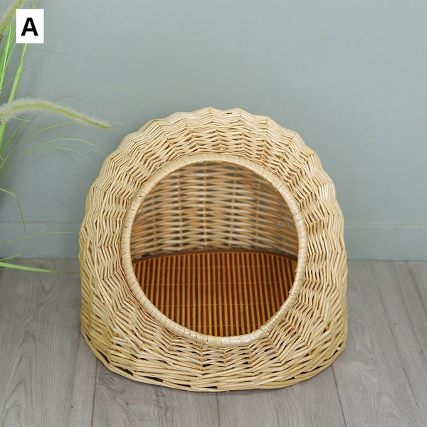 Hand woven Rattan Cat Bed, Natural Wicker Cat House Basket with Washable Cushion for Indoor Cats and Dogs-Grace Painting Crafts