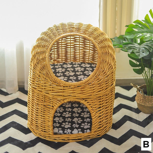 Large Double-Layer Cat Bed, Wicker Cat House Basket with Washable Cushion for Indoor Cats and Dogs-Grace Painting Crafts