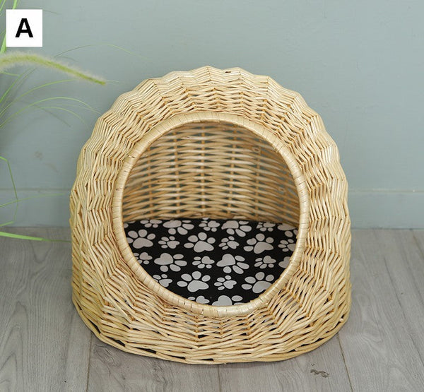 Natural Wicker Cat House Basket with Washable Cushion for Indoor Cats and Dogs, Rattan Cat Bed-Grace Painting Crafts