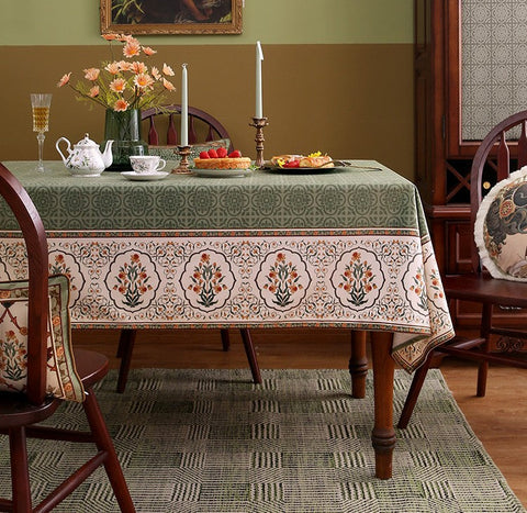 Rectangle Table Cover Ideas for Dining Table, Square Tablecloth for Round Table, Green Flower Pattern Table Cover for Kitchen, Outdoor Picnic Tablecloth-Grace Painting Crafts