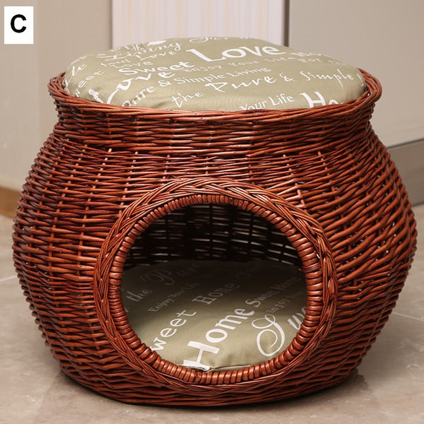 Wicker Cat House Basket with Washable Cushion for Indoor Cats and Dogs, Rattan Cat Bed-Grace Painting Crafts