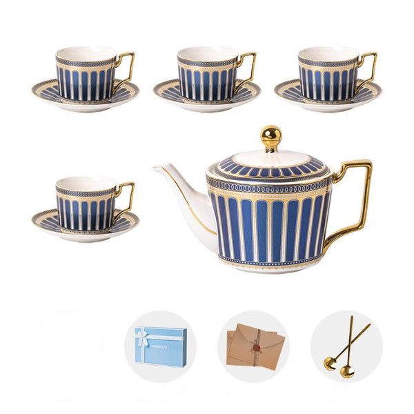 Elegant Blue Ceramic Tea Cup and Saucer Set with Teapot, 7.4 oz Porcelain Tea Cup and Saucer Set, British Tea Cup Set, Modern Blue Coffee Cup with Saucer