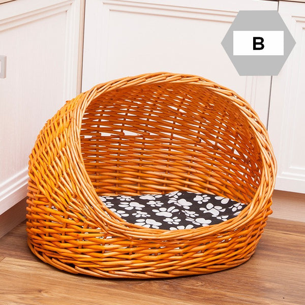 Natural Wicker Cat House Basket with Washable Cushion for Indoor Cats and Dogs, Hand woven Rattan Cat Bed-Grace Painting Crafts