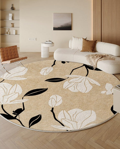 Modern Round Rugs under Coffee Table, Circular Rugs for Dining Table, Abstract Contemporary Rugs for Bedroom, Modern Cream Color Rugs for Living Room-Grace Painting Crafts
