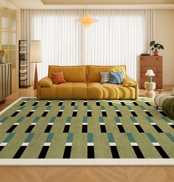 Mid Century Modern Rugs, Green Geometric Contemporary Rugs, Modern Living Room Rug Ideas, Colorful Area Rugs for Dining Room-Grace Painting Crafts