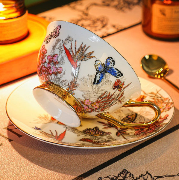 British Traditional Afternoon Tea Cup and Saucer Set, Ceramic Coffee Cups in Gift Box, Butterfly Pattern Porcelain Tea Cup and Saucer Set