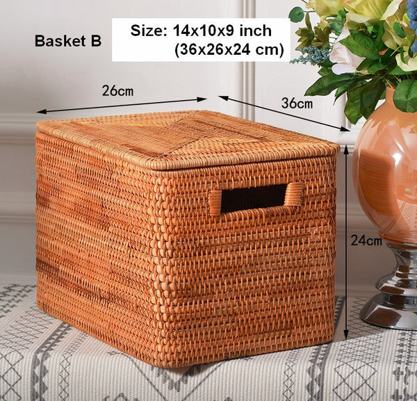 Oversized Rectangular Storage Basket with Lid, Woven Rattan Storage Basket for Shelves, Storage Baskets for Bedroom, Extra Large Storage Baskets for Clothes-Grace Painting Crafts