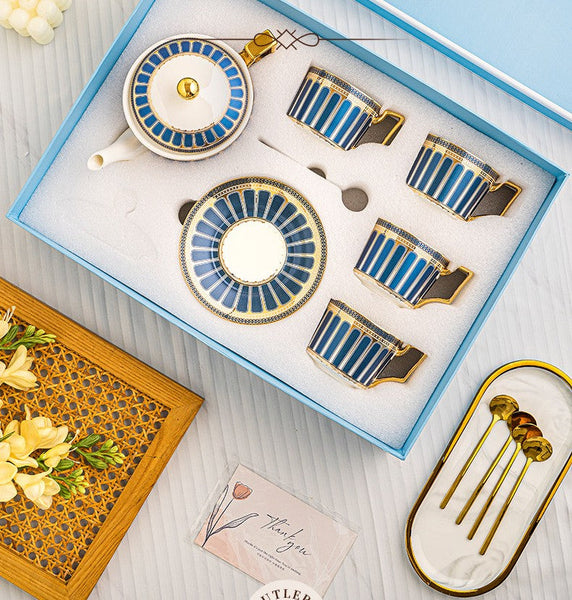 Elegant Blue Ceramic Tea Cup and Saucer Set with Teapot, 7.4 oz Porcelain Tea Cup and Saucer Set, British Tea Cup Set, Modern Blue Coffee Cup with Saucer