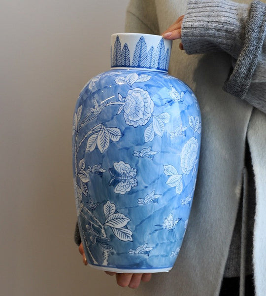 Large Flower Vases on Dining Table, Blue Porcelain Flower Vases, Centerpiece Ceramic Bouquet Vases, Handmade Modern Flower Vase-Grace Painting Crafts