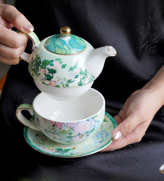 Ceramic Tea Pot with Integrated Cup, Mother-and-Baby Teapot with Matching Saucer, Vintage Style Stackable Tea Pot Set, English Style Tea Pot and Cup Set-Grace Painting Crafts