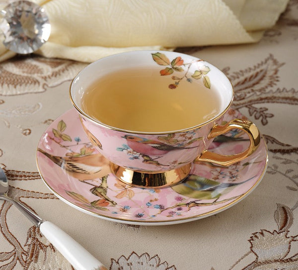 Elegant Ceramic Coffee Cups, Beautiful British Tea Cups, Bird Bone China Porcelain Tea Cup Set, Tea Cups and Saucers in Gift Box as Birthday Gift-Grace Painting Crafts