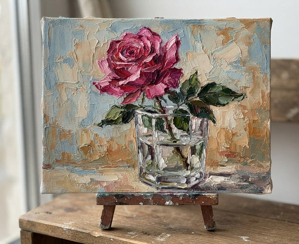 Original Oil Paintings, Impasto Red Rose in Glass Vase, Hand Painted Canvas Art, Original Flower Paintings, Small Canvas Art, Impasto Canvas Artwork-Grace Painting Crafts