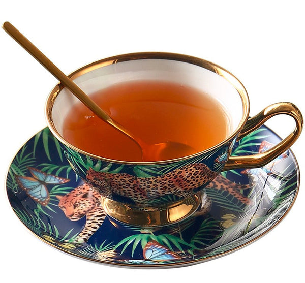 Creative Leopard Ceramic Coffee Cups, 6.8 oz Tea Cup and Saucer in Gift Box as Birthday Gift, Beautiful British Tea Cups, Creative Porcelain Tea Cup Set-Grace Painting Crafts