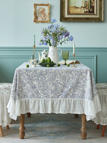 Cotton Rectangle Tablecloth for Dining Room Table, Natural Spring Farmhouse Table Cloth, Blue Flower Pattern Cotton Tablecloth, Square Tablecloth for Round Table-Grace Painting Crafts