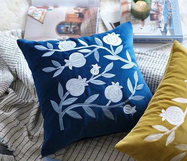 Large Decorative Pillows for Couch, Living Room Decorative Pillows, Blue Embroidered Pomegranate Cushion, Modern Throw Pillows for Bedroom, Decorative Pillow Arrangement Ideas for Couch-Grace Painting Crafts