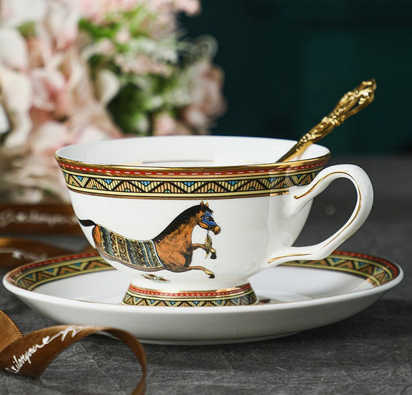 Porcelain Tea Cup and Saucer Set, Elegant British Horse Pattern Coffee Cup with Saucer, Ceramic Tea Cup and Saucer in Gift Box