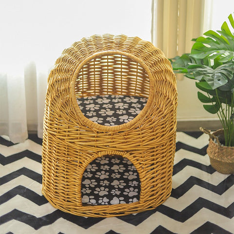 Large Double-Layer Cat Bed, Wicker Cat House Basket with Washable Cushion for Indoor Cats and Dogs-Grace Painting Crafts