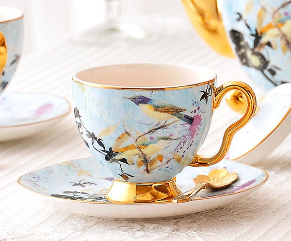 Unique Bird Flower Tea Cup and Saucer in Gift Box as Birthday Gift, Elegant Ceramic Coffee Cups, Afternoon British Tea Cups, Royal Porcelain Tea Cup Set-Grace Painting Crafts