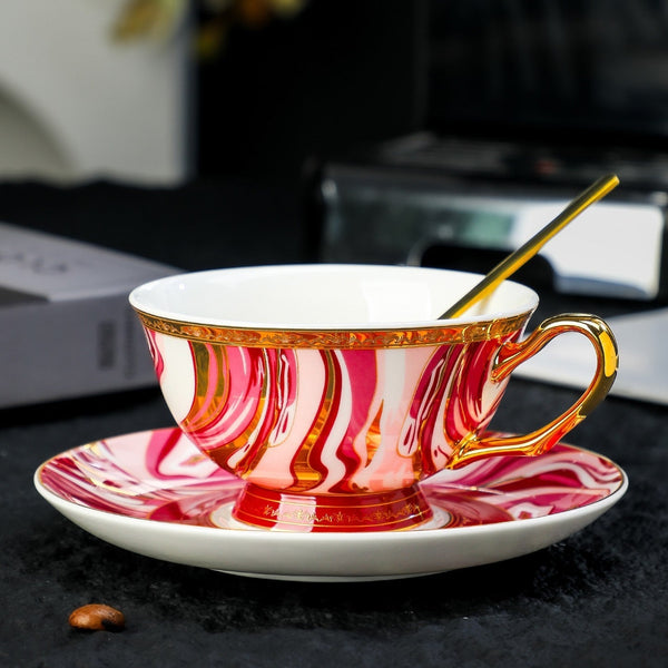 Ceramic Coffee Cup with Saucer, Beautiful British Tea Cup and Saucer, 6.8 oz Tea Cup and Saucer Set of of 2 Cups in Gift Box, 8 Ounce Porcelain Tea Cup Saucer Set-Grace Painting Crafts