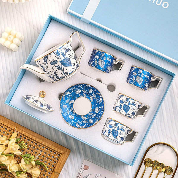 Traditional Afternoon Tea Blue Porcelain Tea Cup and Saucer Set, British Traditional Afternoon Tea Cup Set with Teapot, Ceramic Coffee Cup with Saucer in Gift Box