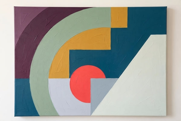 Geometric Pattern Contemporary Art for Mid-Century Modern Decor, Original Abstract Wall Art, Blue, Light Green, Yellow, Coral Red Color-Grace Painting Crafts