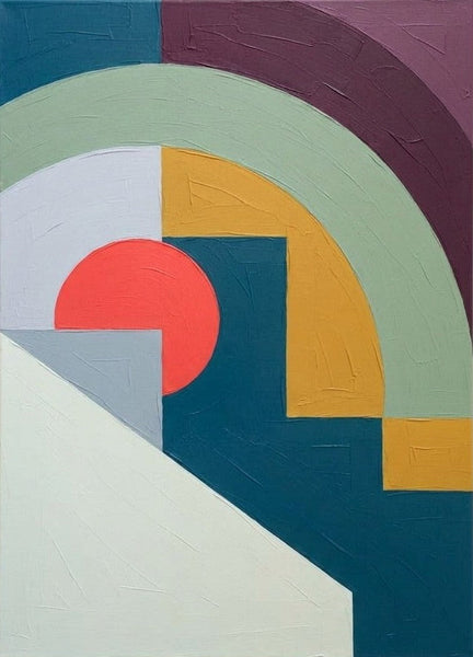 Geometric Pattern Contemporary Art for Mid-Century Modern Decor, Original Abstract Wall Art, Blue, Light Green, Yellow, Coral Red Color-Grace Painting Crafts