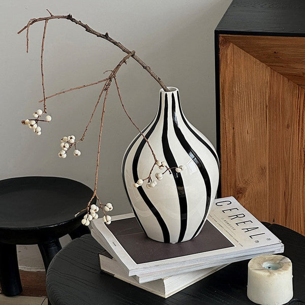 Water Holding Flower Vases, Black and White Striped Ceramic Vase, Porcelain Flower Vases, Modern Flower Vases on Table-Grace Painting Crafts