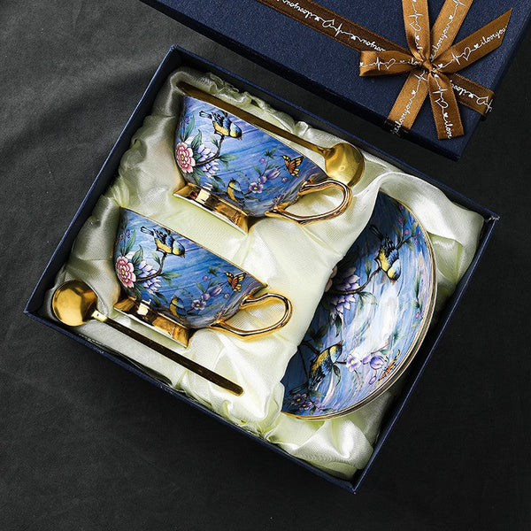 Blue Bird and Butterfly Porcelain Tea Cup Saucer Set, 7.4 oz British Tea Cup and Saucer in Gift Box, Elegant British Ceramic Coffee Cups-Grace Painting Crafts