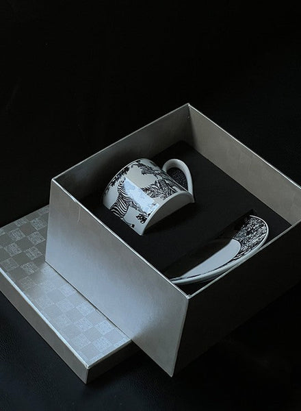 Unique Tea Cup and Saucer in Gift Box, Zebra Jungle Bone China Porcelain Tea Cup Set, Royal Ceramic Cups, Elegant Ceramic Coffee Cups-Grace Painting Crafts
