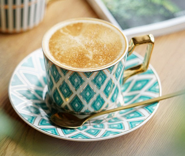 Afternoon Green British Tea Cups, Unique Ceramic Coffee Cups, Creative Porcelain Tea Cup Saucer Set, Traditional English Tea Cup and Saucer-Grace Painting Crafts