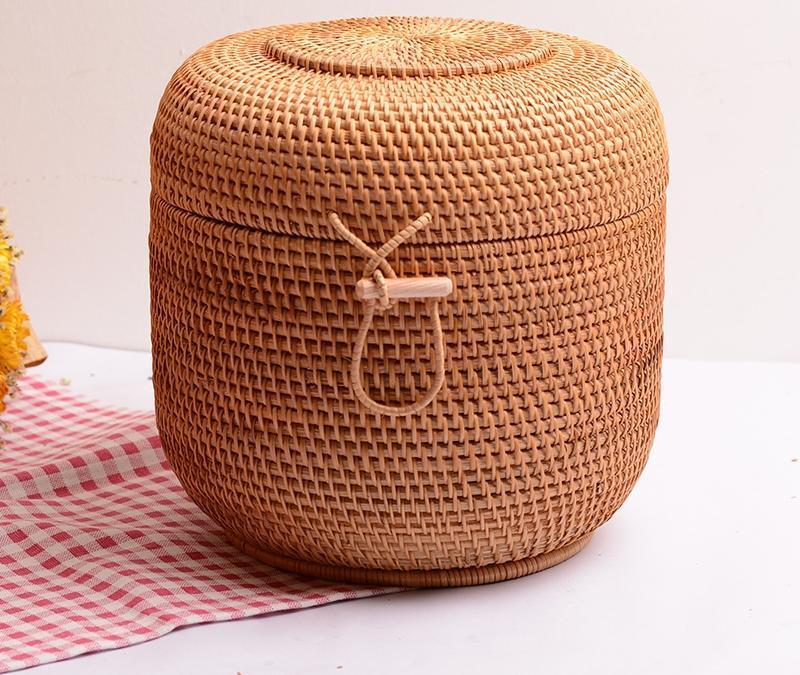 Cute Small Rattan Basket Handmade Round Basket With Cover, Storage Baskets For Kitchen And Dining Room
