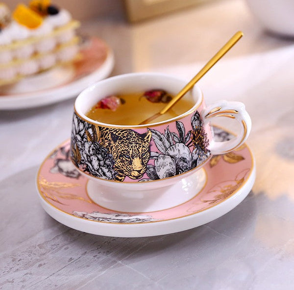 Handmade Ceramic Cups with Gold Trim and Gift Box, Jungle Tiger Cheetah Porcelain Coffee Cups, Creative Ceramic Tea Cup and Saucer-Grace Painting Crafts