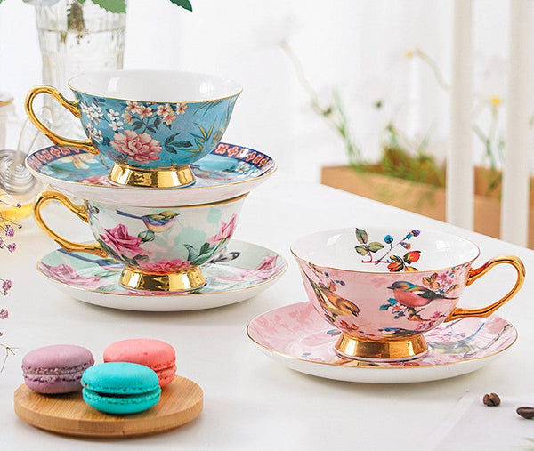 Unique Afternoon Tea Cups and Saucers in Gift Box, Royal Bone China Porcelain Tea Cup Set, Elegant Flower Pattern Ceramic Coffee Cups, Beautiful British Tea Cups-Grace Painting Crafts