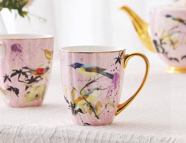 Elegant Pink Ceramic Coffee Mug, Beautiful Bird Flower Ceramic Mug, Large Creative Bone China Porcelain Mug, Large Capacity Ceramic Mugs for Office-Grace Painting Crafts