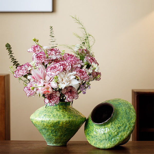 Modern Pottery Flower Vases, Handmade Water Holding Flower Vases, Pottery Bud Vases, Large Green Flower Vases on Table, Centerpiece on Dining Table-Grace Painting Crafts