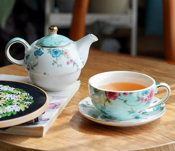 Porcelain Teapot with Matching Cup and Saucer in Gift Box, Stackable Teapot and Cup Set, Ceramic Tea Pot with Integrated Cup, Mother and Baby Teapot with Matching Saucer-Grace Painting Crafts
