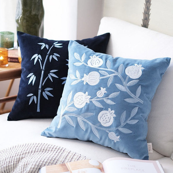 Large Decorative Pillows for Couch, Living Room Decorative Pillows, Blue Embroidered Pomegranate Cushion, Modern Throw Pillows for Bedroom, Decorative Pillow Arrangement Ideas for Couch-Grace Painting Crafts