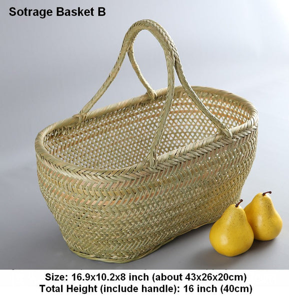 Natural Fruit Basket Kitchen Storage Baskets, Lovely Bamboo Baskets for Vegetable, Picnic Food Basket with Handle, Large Natural Hand-woven Bamboo Basket-Grace Painting Crafts