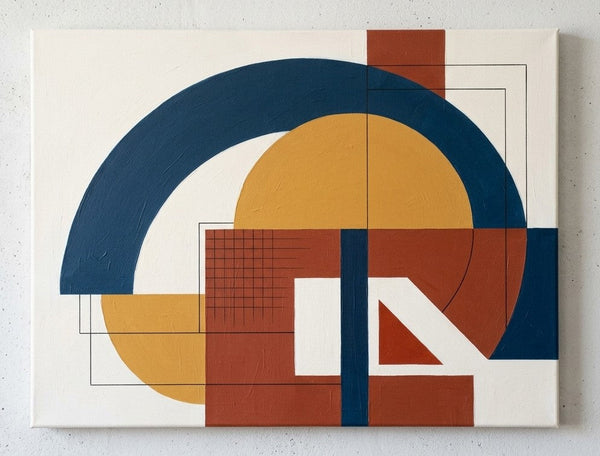 White, Terracotta, Deep Navy Blue Colors, Geometric Pattern Abtract Art for Modern Living Room, Original Modern Canvas Wall Art-Grace Painting Crafts