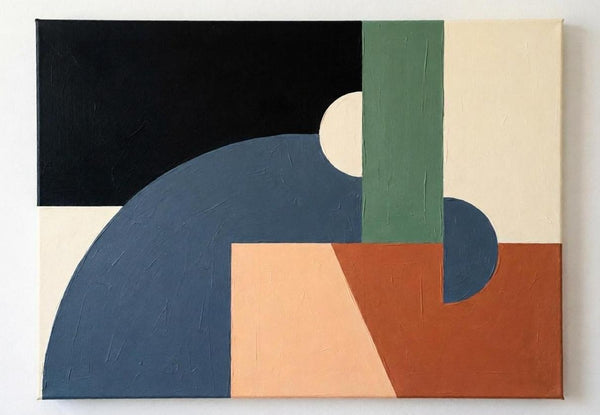 Grayish Blue, Black, Terracotta Colors, Geometric Pattern Contemporary Art for Bauhaus Modern Decor, Original Abstract Paintings-Grace Painting Crafts