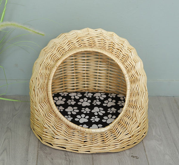 Natural Wicker Cat House Basket with Washable Cushion for Indoor Cats and Dogs, Rattan Cat Bed-Grace Painting Crafts