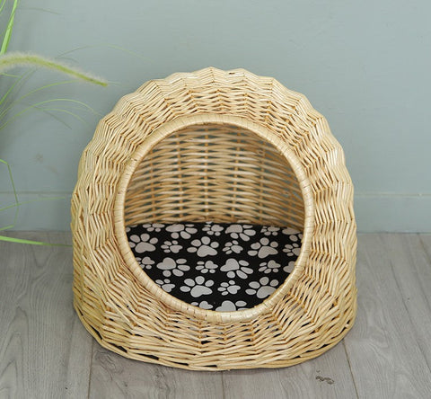 Natural Wicker Cat House Basket with Washable Cushion for Indoor Cats and Dogs, Rattan Cat Bed-Grace Painting Crafts
