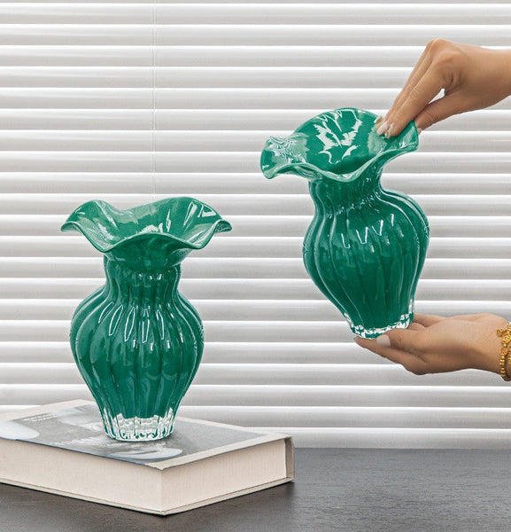 Unique Handmade Liuli Vases, Color Glaze Vase, Contemporary Vases for Modern Home Decor, Green Glass Bud Vases, Centerpiece Vases on Table-Grace Painting Crafts