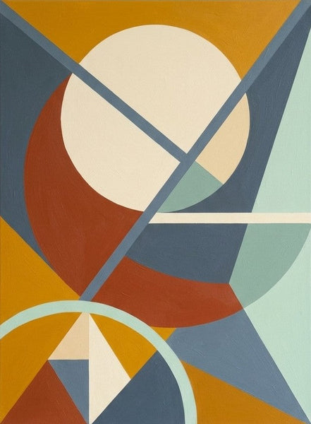 Geometric Pattern Abtract Art for Mid Century Modern Living Room, Ochre Yellow, Terracotta, Denim Blue Colors, Original Modern Canvas Paintings-Grace Painting Crafts