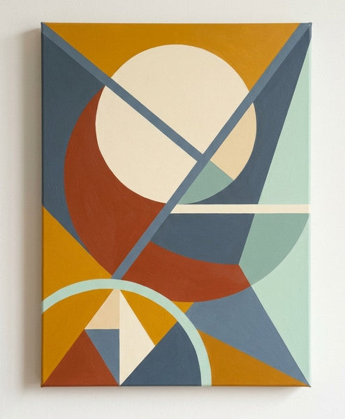 Geometric Pattern Abtract Art for Mid Century Modern Living Room, Ochre Yellow, Terracotta, Denim Blue Colors, Original Modern Canvas Paintings-Grace Painting Crafts